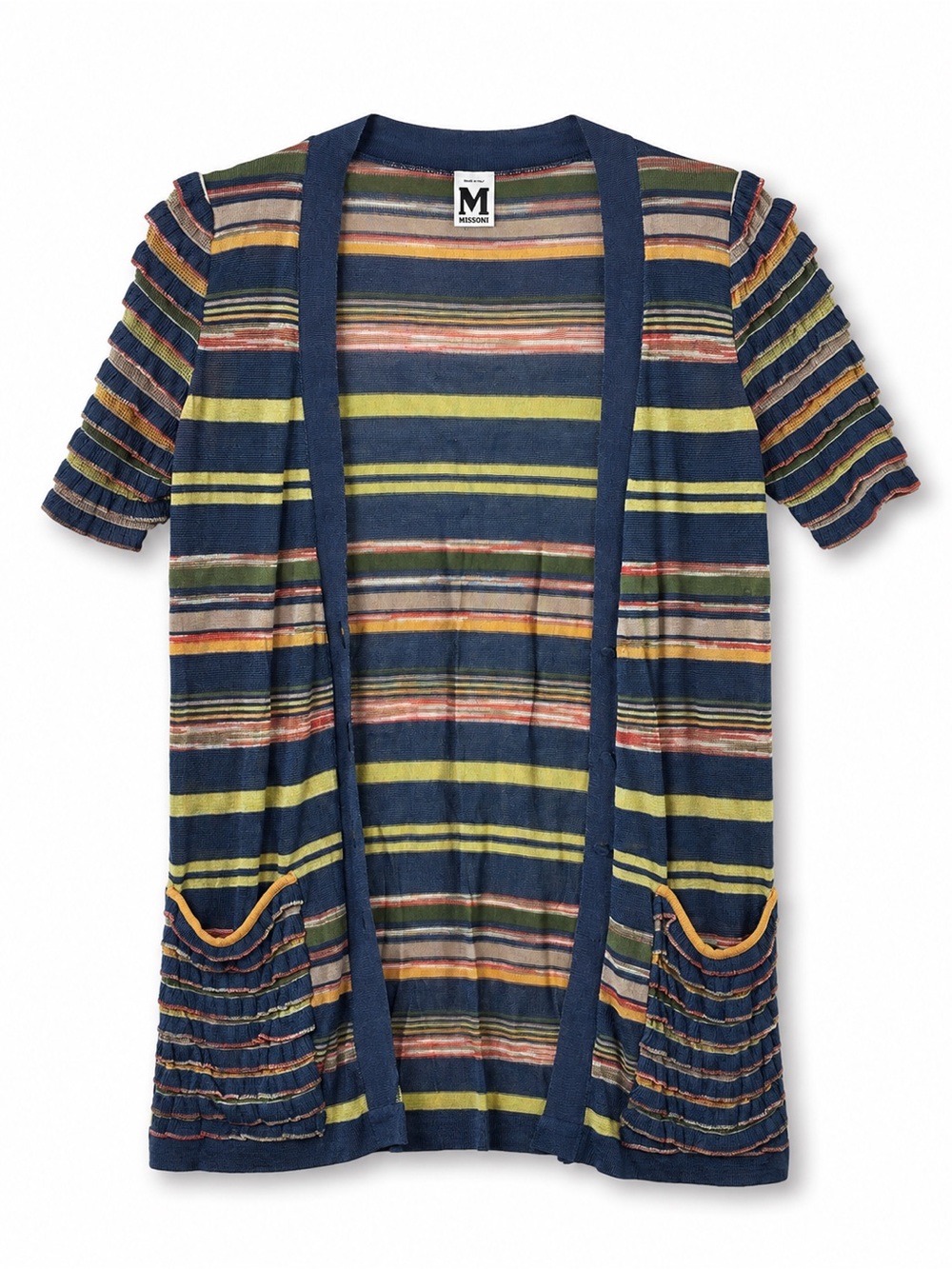 M Missoni Italy Striped Short Sleeve Cardigan Blue Yellow Ruffled Pocket Medium